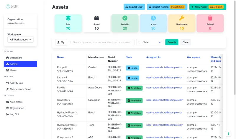 A4B asset list view showing inventory tracking with asset details, status, and location