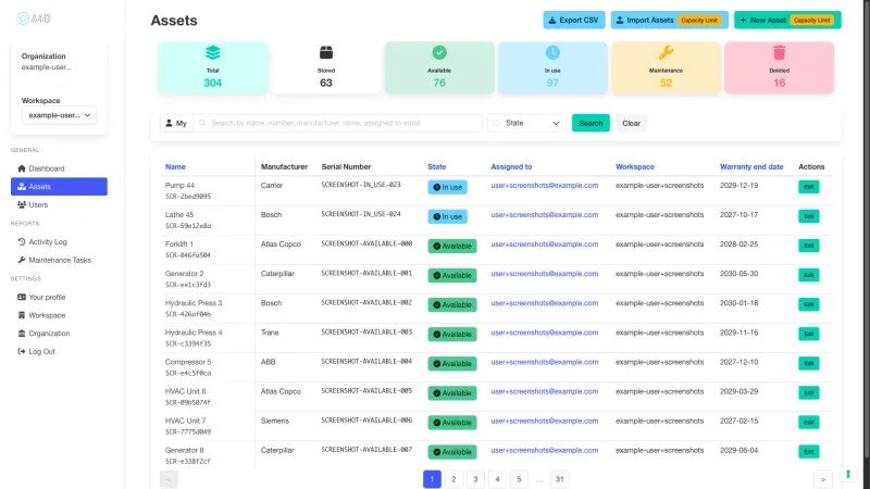 Assets management interface showing asset inventory, tracking capabilities, and detailed asset information
