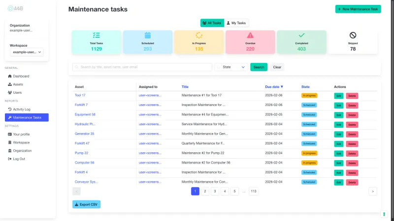 Maintenance calendar showing scheduled tasks and overdue alerts