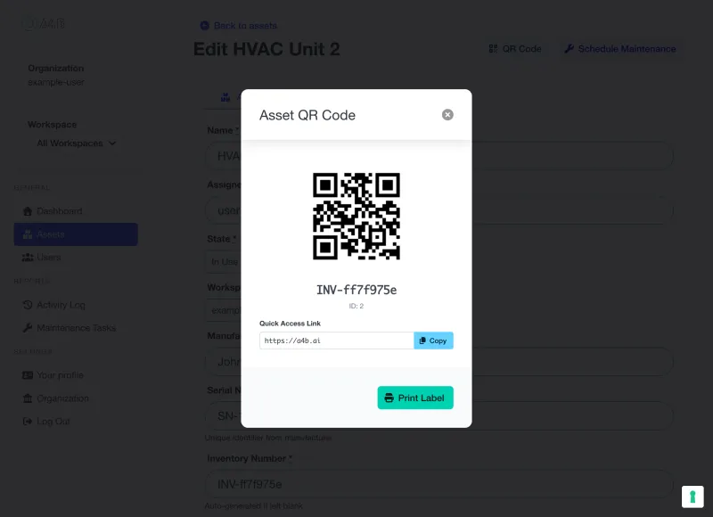 A4B QR code modal showing scannable QR code for asset with inventory number, quick access link, and print label option