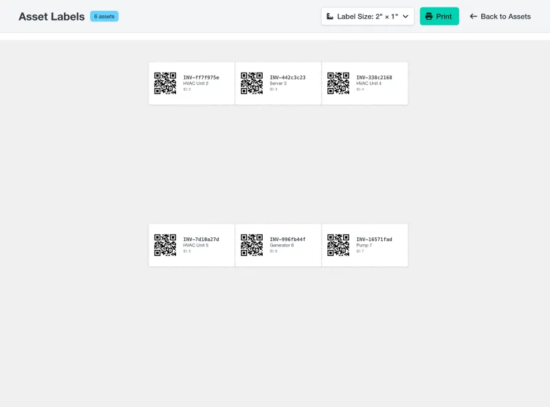 A4B CMMS QR label print preview showing six industrial equipment asset labels in 2x1 format ready for printing