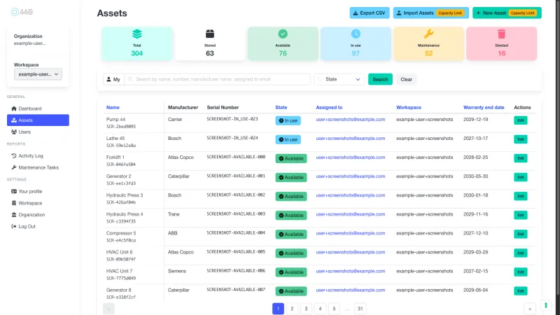 Healthcare asset list showing medical equipment with compliance status indicators