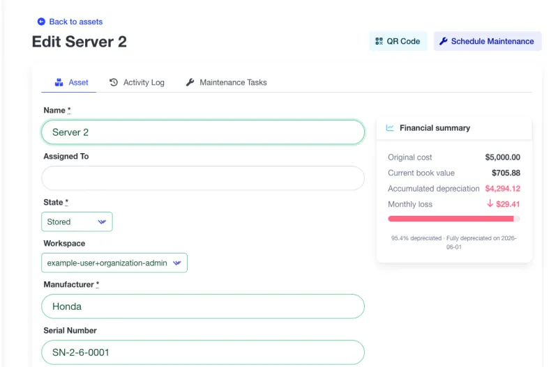 A4B asset edit page with financial summary sidebar showing purchase price, current book value, accumulated depreciation, monthly depreciation, and health badge