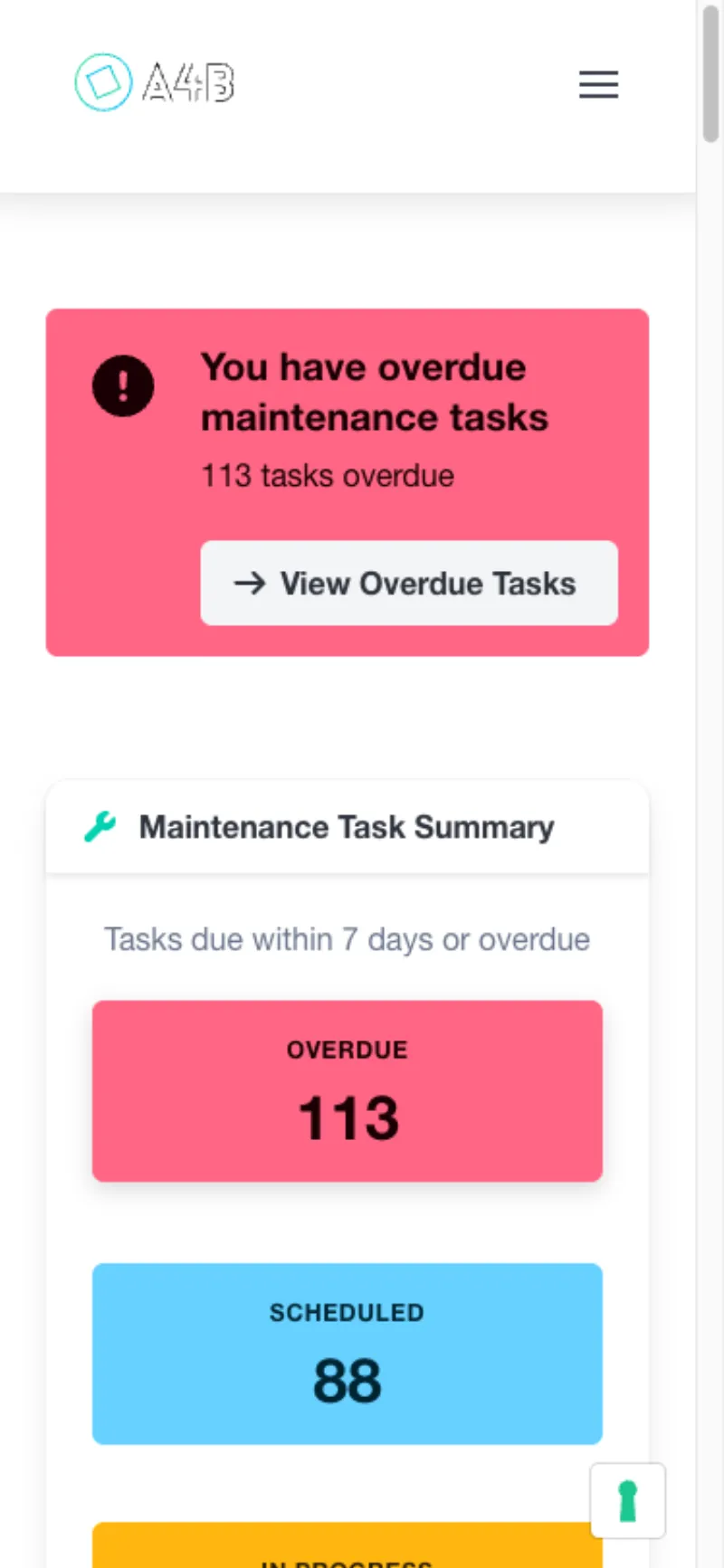 A4B CMMS mobile dashboard optimized for smartphone screens